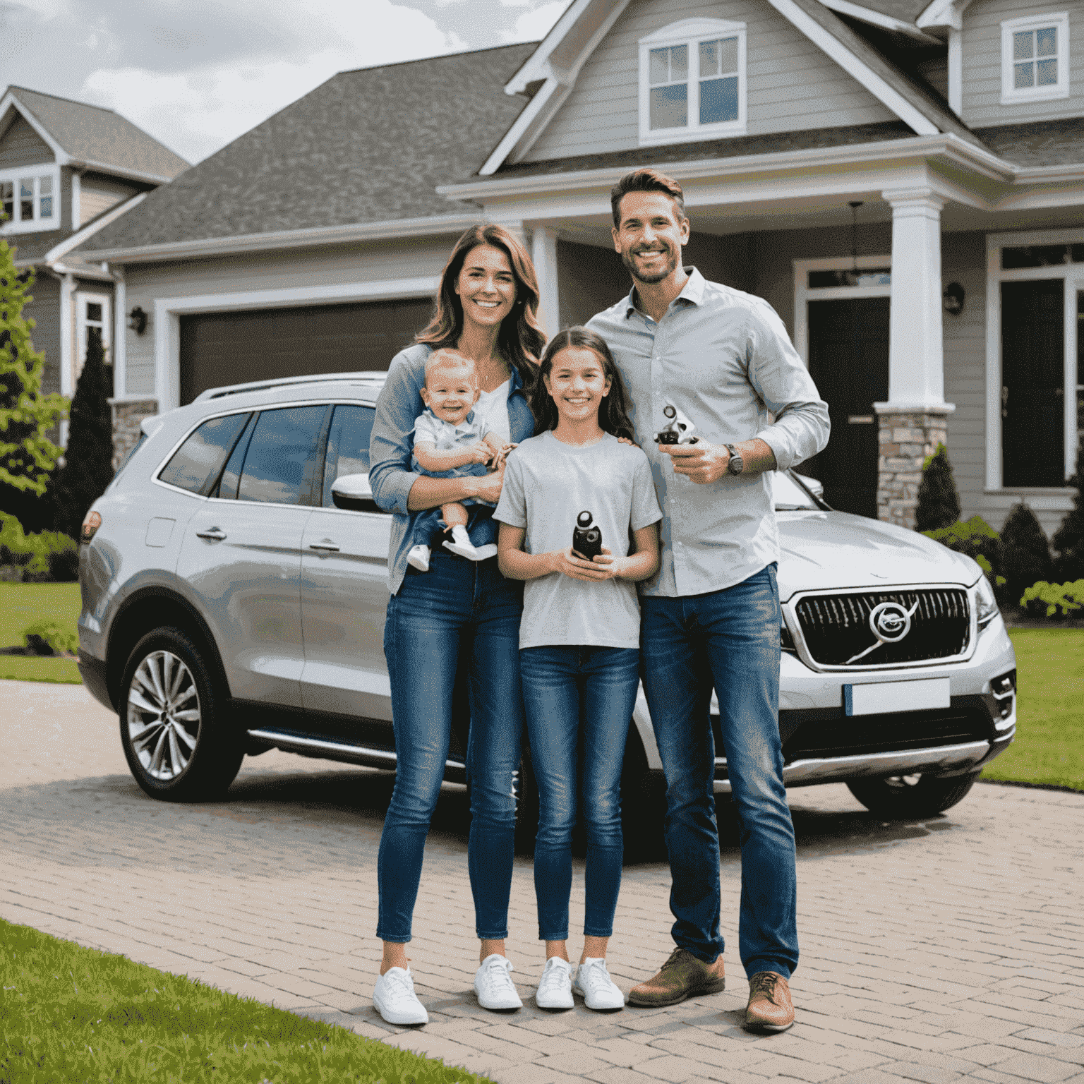 Een afbeelding van een gelukkige familie die staat naast hun nieuwe auto, glimlachend en de sleutels vasthoudend. De auto is een middelgrote gezinswagen in een zilveren kleur, geparkeerd voor een modern huis.