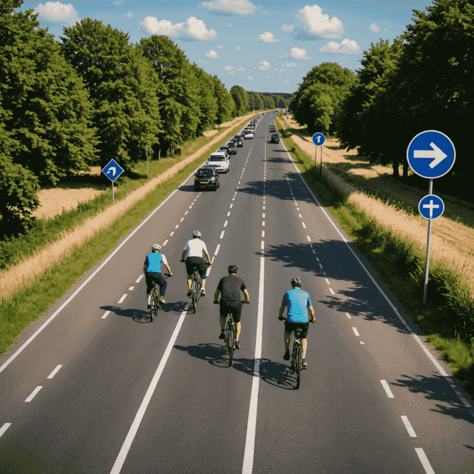 Een Nederlandse weg met verkeersborden en fietsers, typisch voor het Nederlandse verkeer