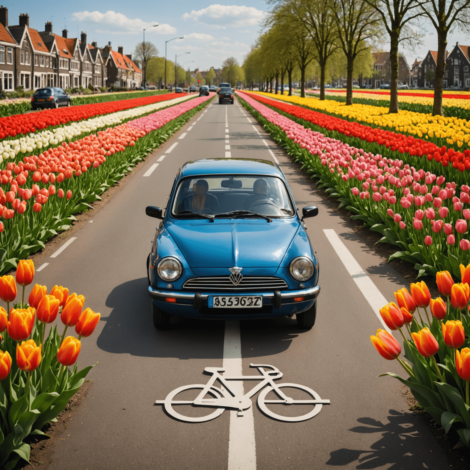 Een typisch Nederlands verkeersbord met een fietspad en een auto, omringd door tulpen, symboliserend de Nederlandse verkeersregels